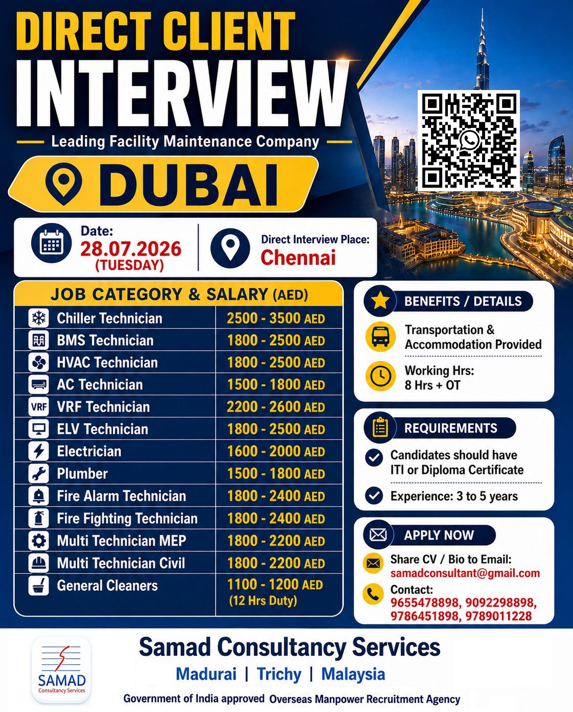 DUBAI - LEADING FACILITY MANAGEMENT COMPANY,  DIRECT INTERVIEW AT CHENNAI. DATE: 28/07/2026 (TUESDAY). — Samad Consultancy Services, India, India
