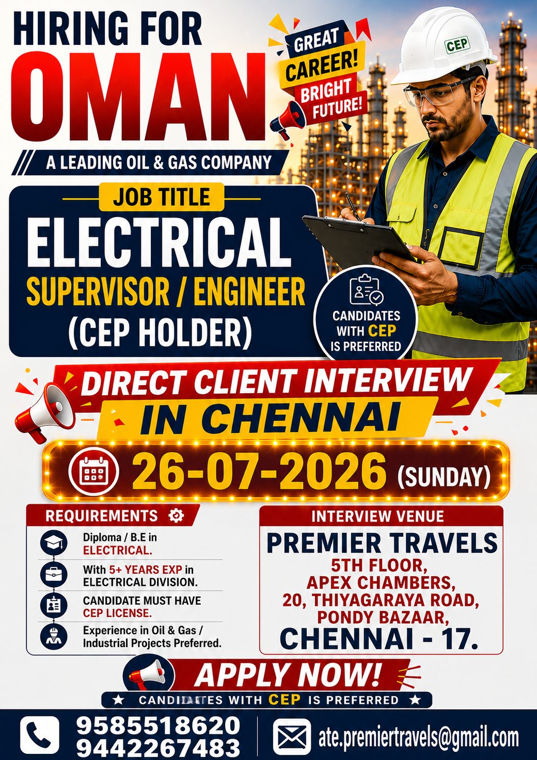 Electrical Supervisor — Premier Travels, Oman