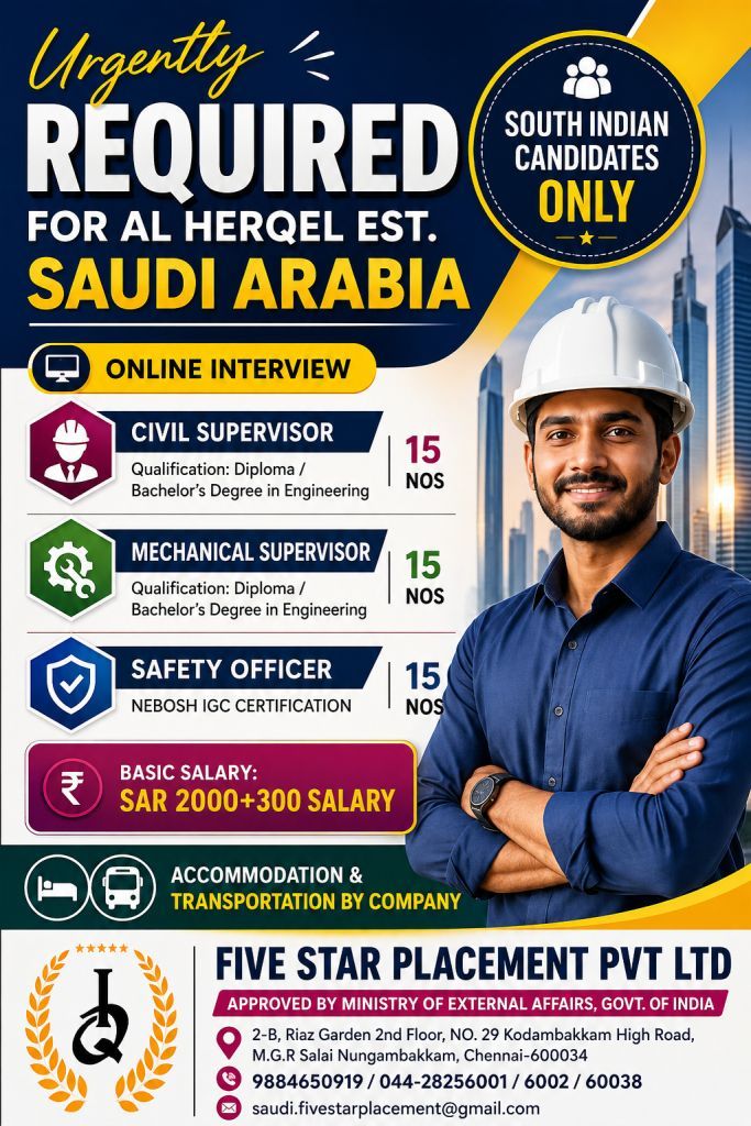 URGENT REQUIRED FOR SAUDI ARABIA — Five Star Placement Pvt Ltd, SAUDI ARABIA