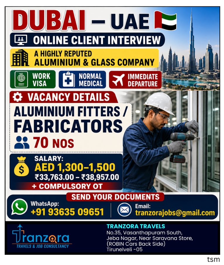 DUBAI - JOBS FOR  ALUMINIUM & GLASS COMPANY
