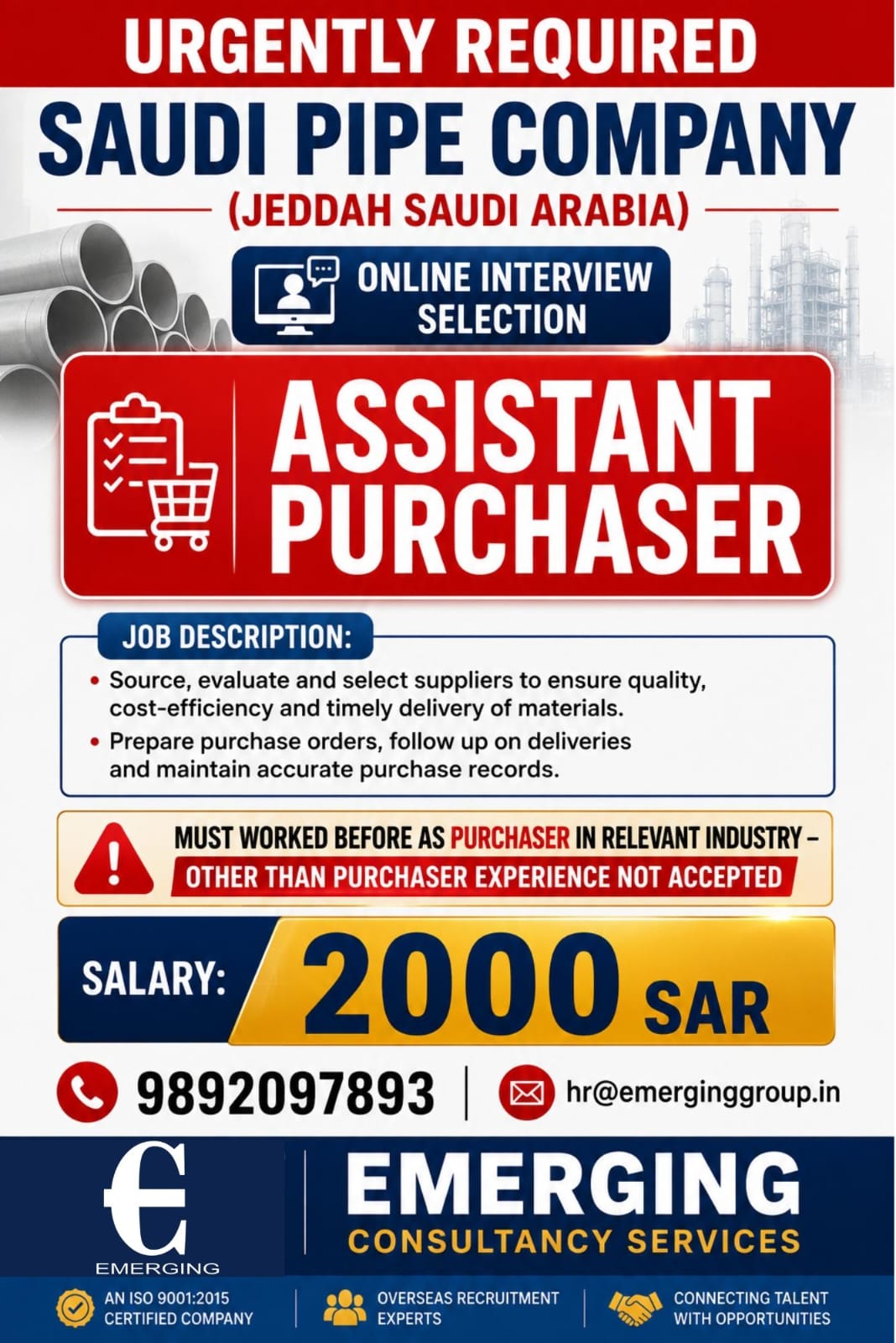 URGENTLY REQUIRED  ASSISTANT PURCHASER FOR SAUDI ARABIA PIPE COMPANY (JEDDAH)