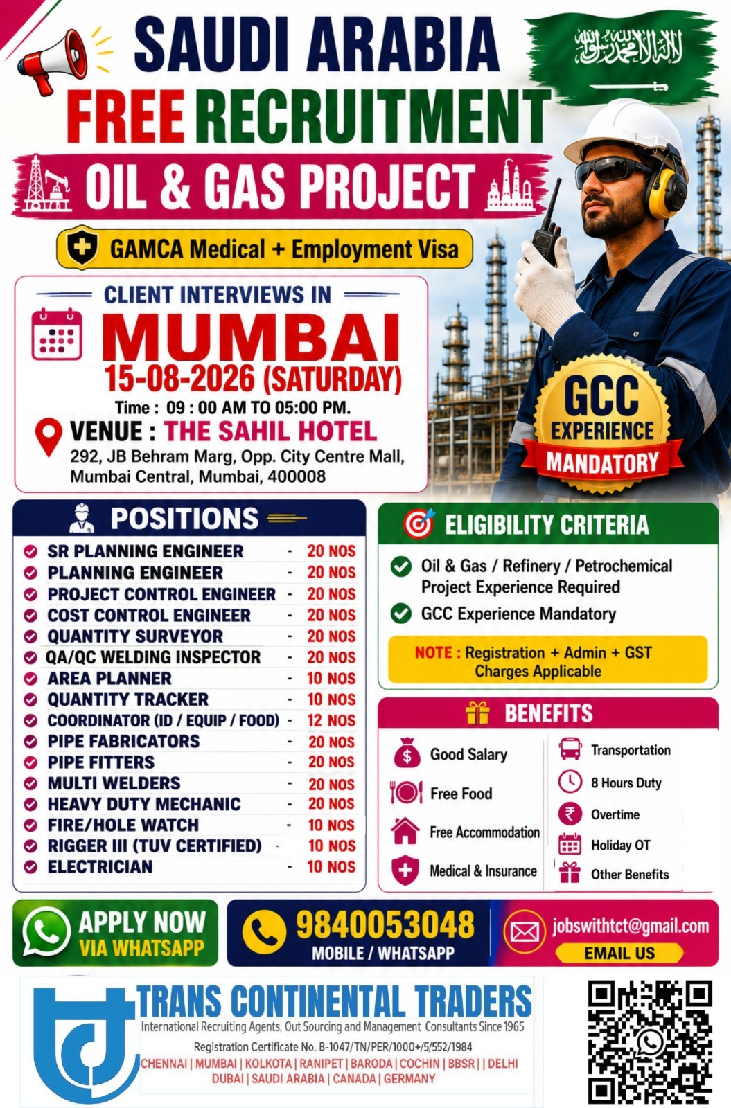 Saudi Arabia Free Recruitment - Oil & Gas Project Client Interviews In Mumbai at The Sahil Hotel Mumbai Central Call for More Details 9791553048