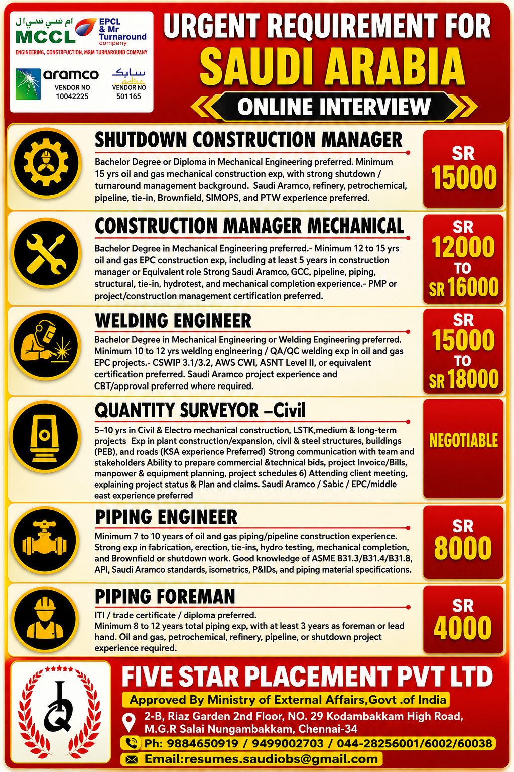 MCCL - URGENT REQUIREMENT FOR SAUDI ARABIA — Five Star Placement Pvt Ltd, SAUDI ARABIA, SAUDI ARABIA