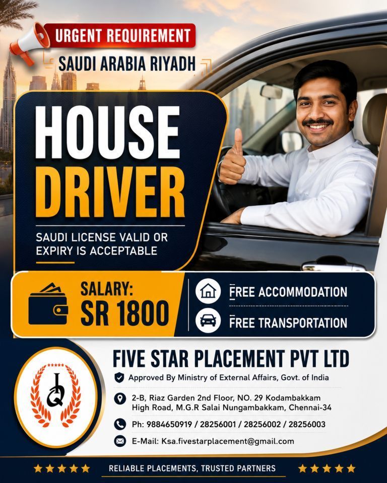 URGENT REQUIREMENT  SAUDI ARABIA RIYADH — Five Star Placement Pvt Ltd, SAUDI ARABIA, SAUDI ARABIA