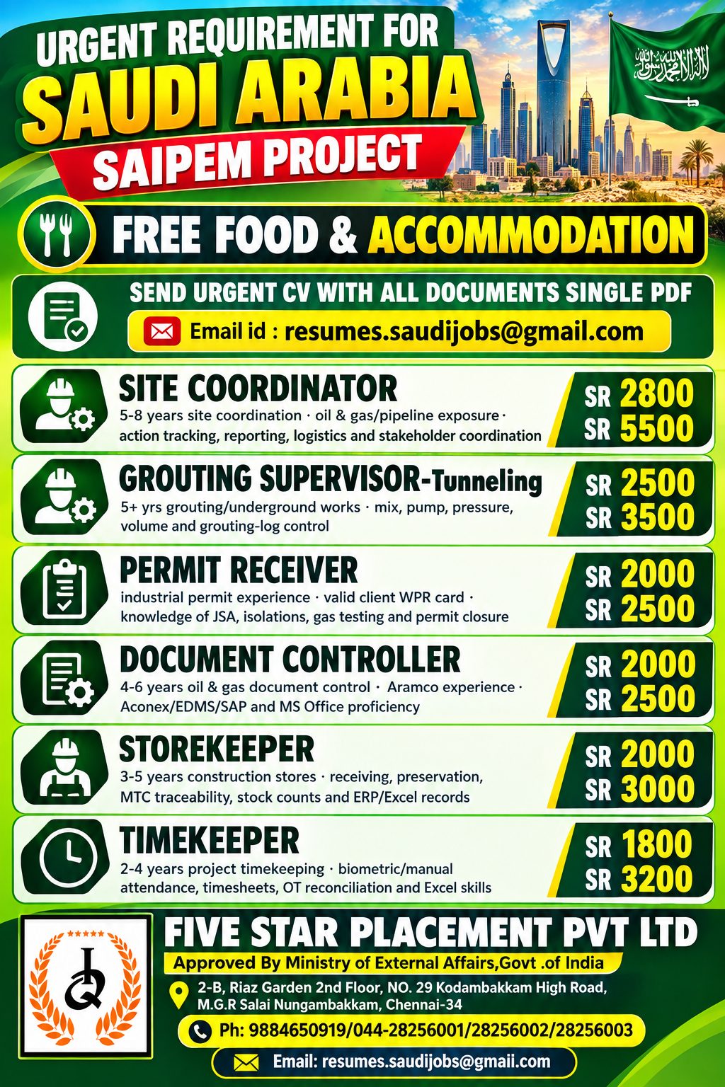 URGENT REQUIREMENT FOR SAUDI ARABIA 1- SAIPEM PROJECT