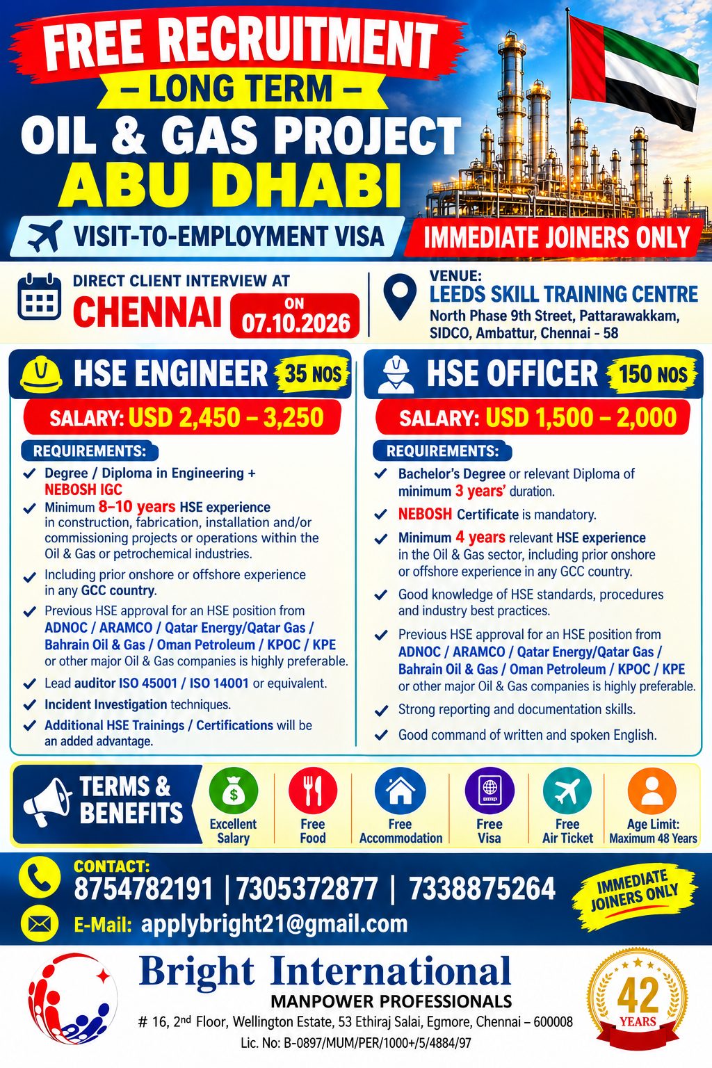 FREE RECRUITMENT - ADNOC LONG TERM PROJECT — Bright International, Chennai, ABU DHABI, ABU DHABI