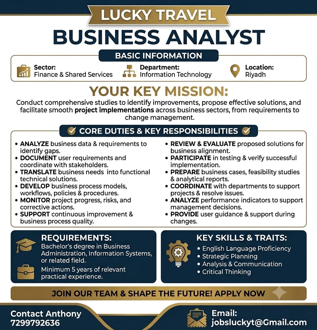 Hiring Business analyst — Lucky Travels, Chennai, Saudi Arabia, Saudi Arabia