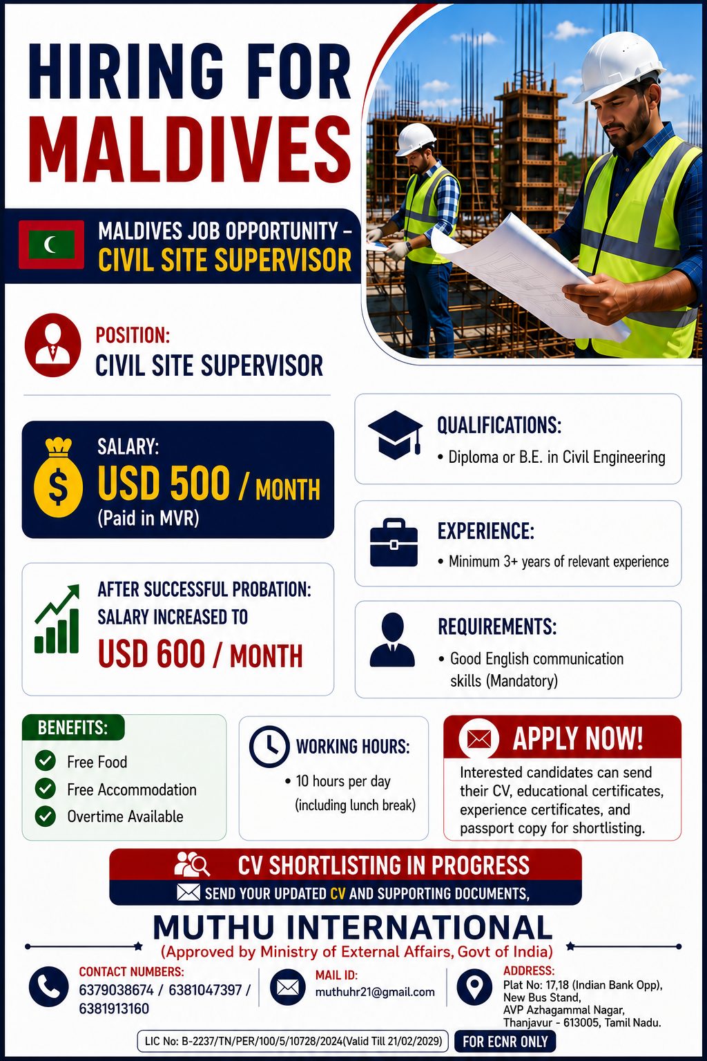 Site supervisor — MUTHU INTERNATIONAL, Maldives