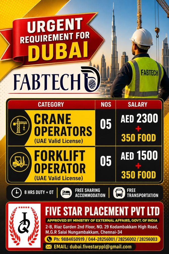 URGENT REQUIREMENT FOR DUBAI - CRANE — Five Star Placement Pvt Ltd, DUBAI