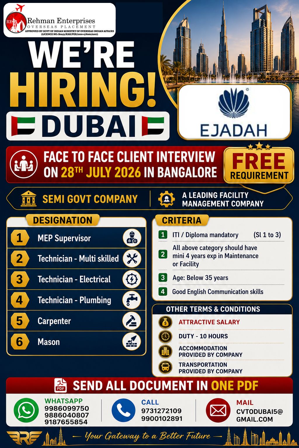 Multiple Technician and Supervisor Positions - Dubai — Rehman Enterprises, UAE