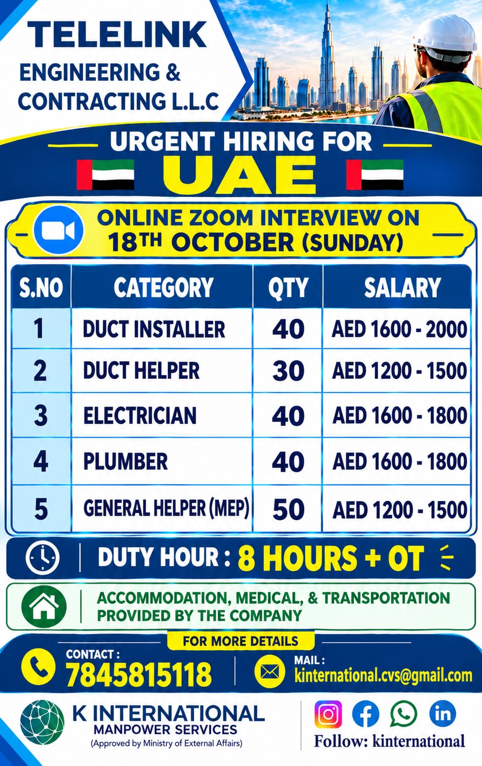 Urgently Required for Telelink Engineering & Contracting