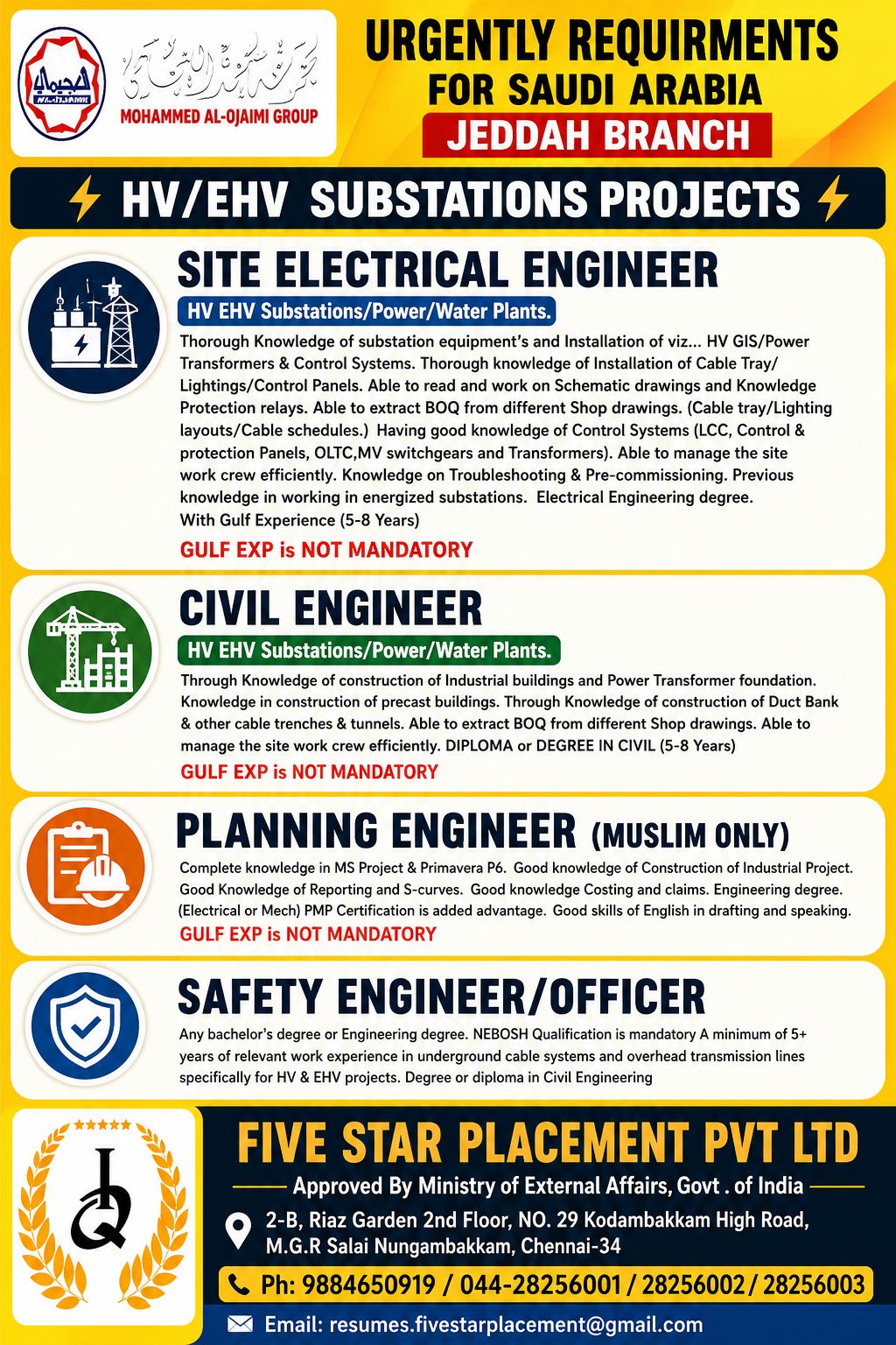 URGENTLY REQUIRMENTS FOR SAUDI ARABIA  ALOJIMI -JEDDAH BRANCH — Five Star Placement Pvt Ltd, SAUDI ARABIA, SAUDI ARABIA
