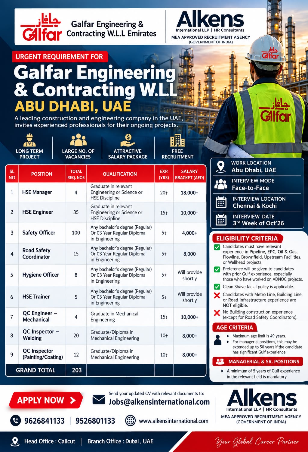 HIRING FOR GALFAR,ABUDABI — Alkens International LLP, UAE