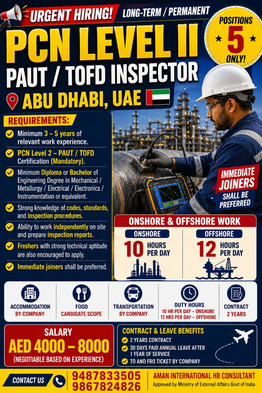 PCN Level II PAUT / TOFD Inspector — AMAN INTERNATIONAL HR CONSULTANT, United Arab Emirates, United Arab Emirates