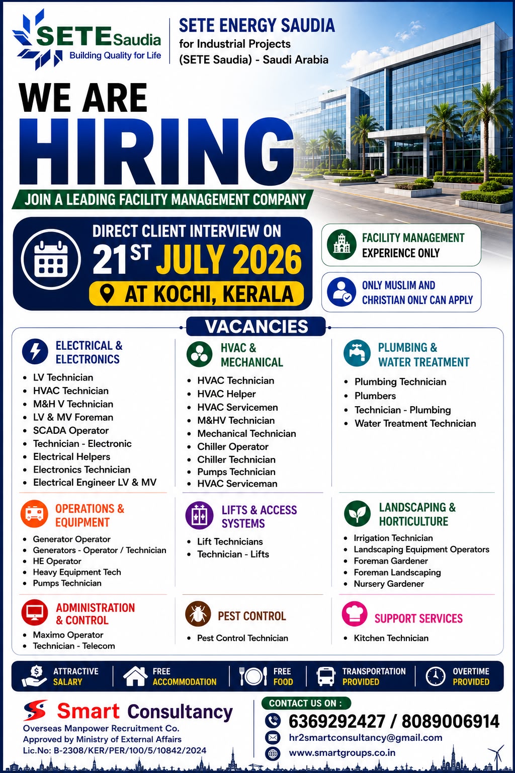 WE ARE HIRING FOR SETE SAUDIA - SAUDI ARABIA, 21ST JULY AT KOCHI, KERALAM — Smart Consultancy, CoK, SAUDI ARABIA, SAUDI ARABIA