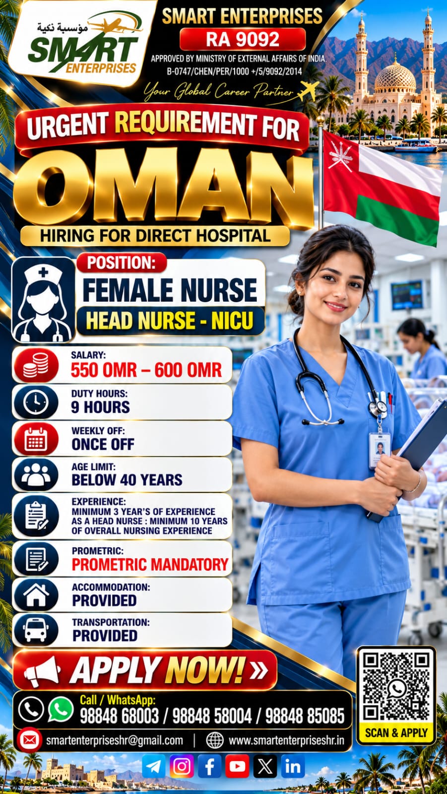 HEAD NURSE (NICU) — smartenterpriseshr@gmail.com, OMAN