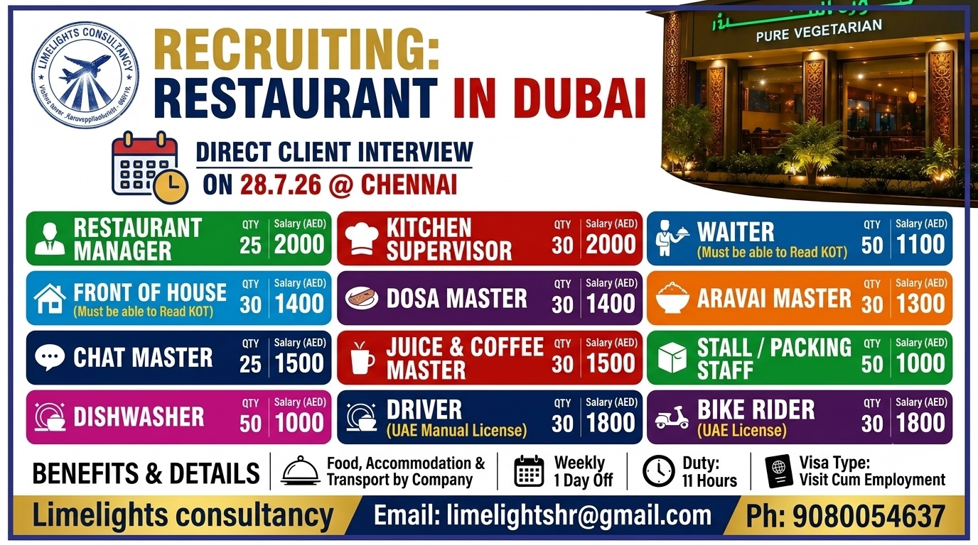 Restaurant Staff Recruitment - Dubai — Limelights consultant, United Arab Emirates, United Arab Emirates
