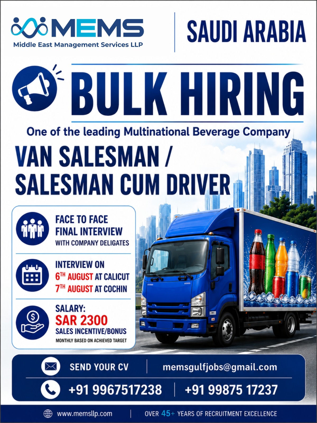 Bulk Hiring | Van Salesman / Salesman cum Driver | Saudi Arabia