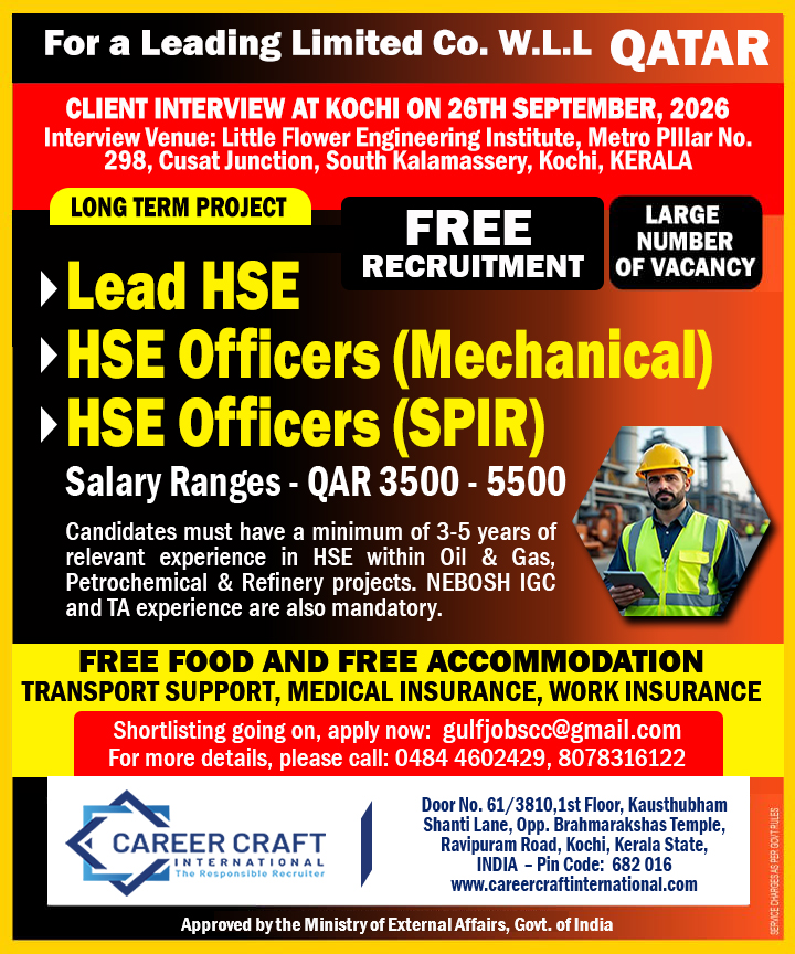 Client Interview at Kochi on 26th September, 2026 for Cape, Qatar -