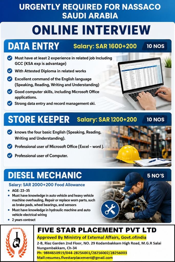 URGENT REQUIREMENT FOR NASSACO SAUDI ARABIA — Five Star Placement Pvt Ltd, SAUDI ARABIA