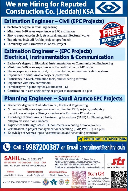We are Hiring for Reputed Construction Co. (Jeddah) KSA — SAHIL TRAVEL SERVICE, Saudi Arabia