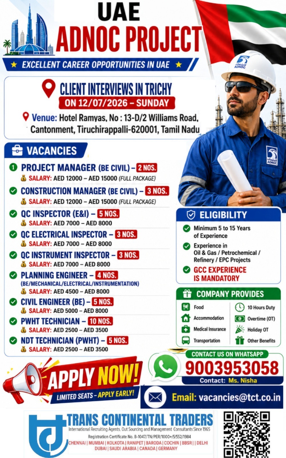 HIRING FOR OIL AND GAS ADNOC PROJECT | FINAL CLIENT INTERVIEW IN TIRUCHIRAPPALLI ON 12 JULY 2026 AT HOTEL RAMYAS CALL FOR MORE DETAILS 9003953058 — Trans Continental Traders, UAE, UAE