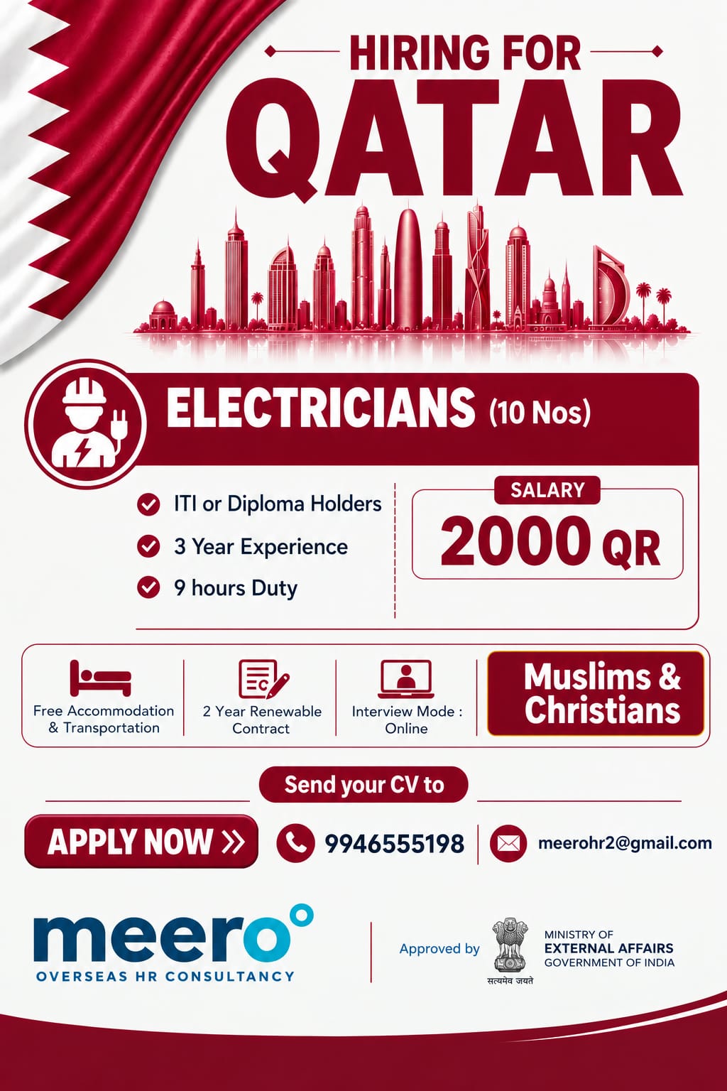 ELECTRICIANS — MEERO HR CONSULTANCY, QATAR