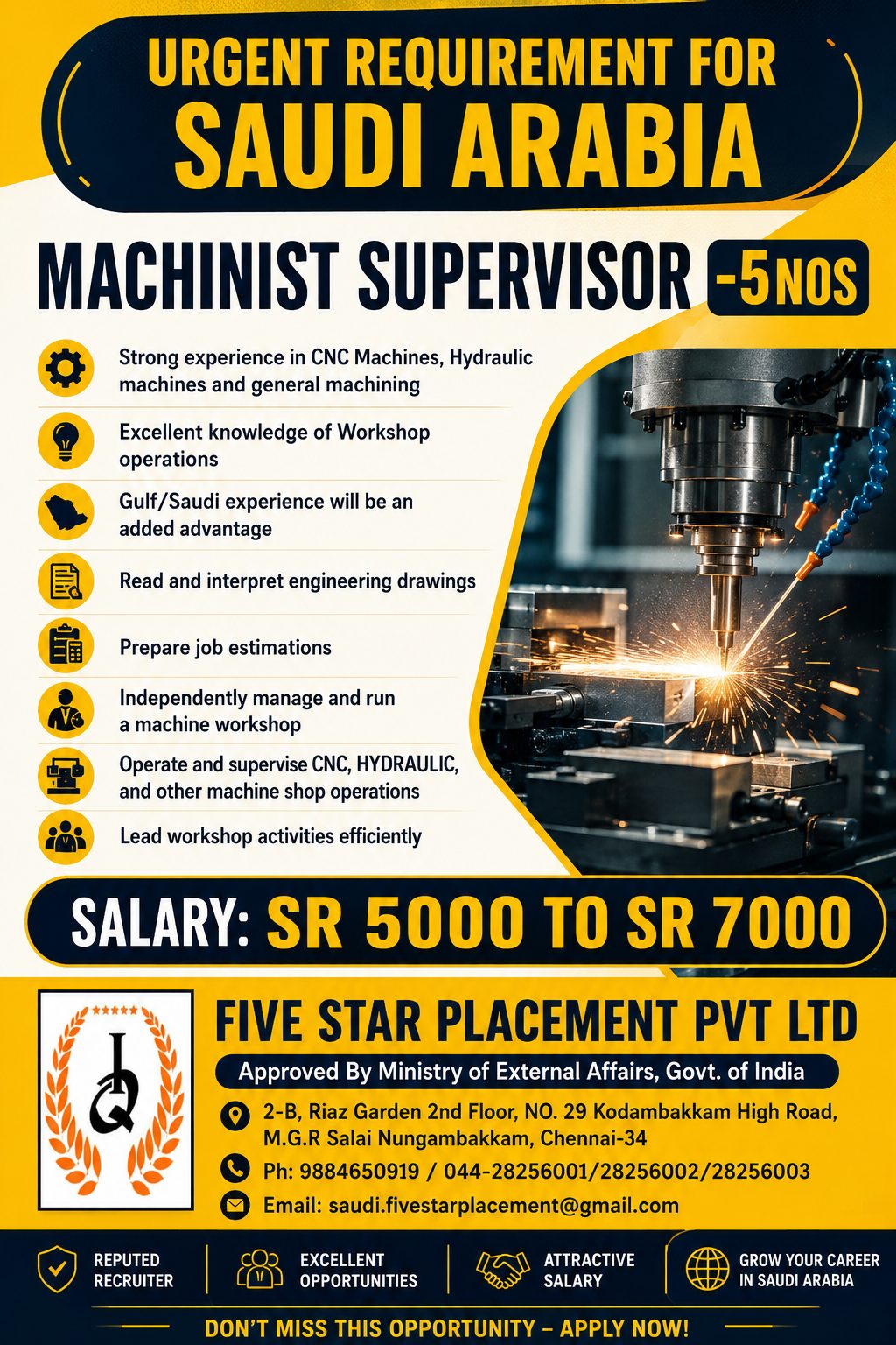 URGENT REQUIREMENT FOR   SAUDI ARABIA  - MACHINIST SUPERVISOR