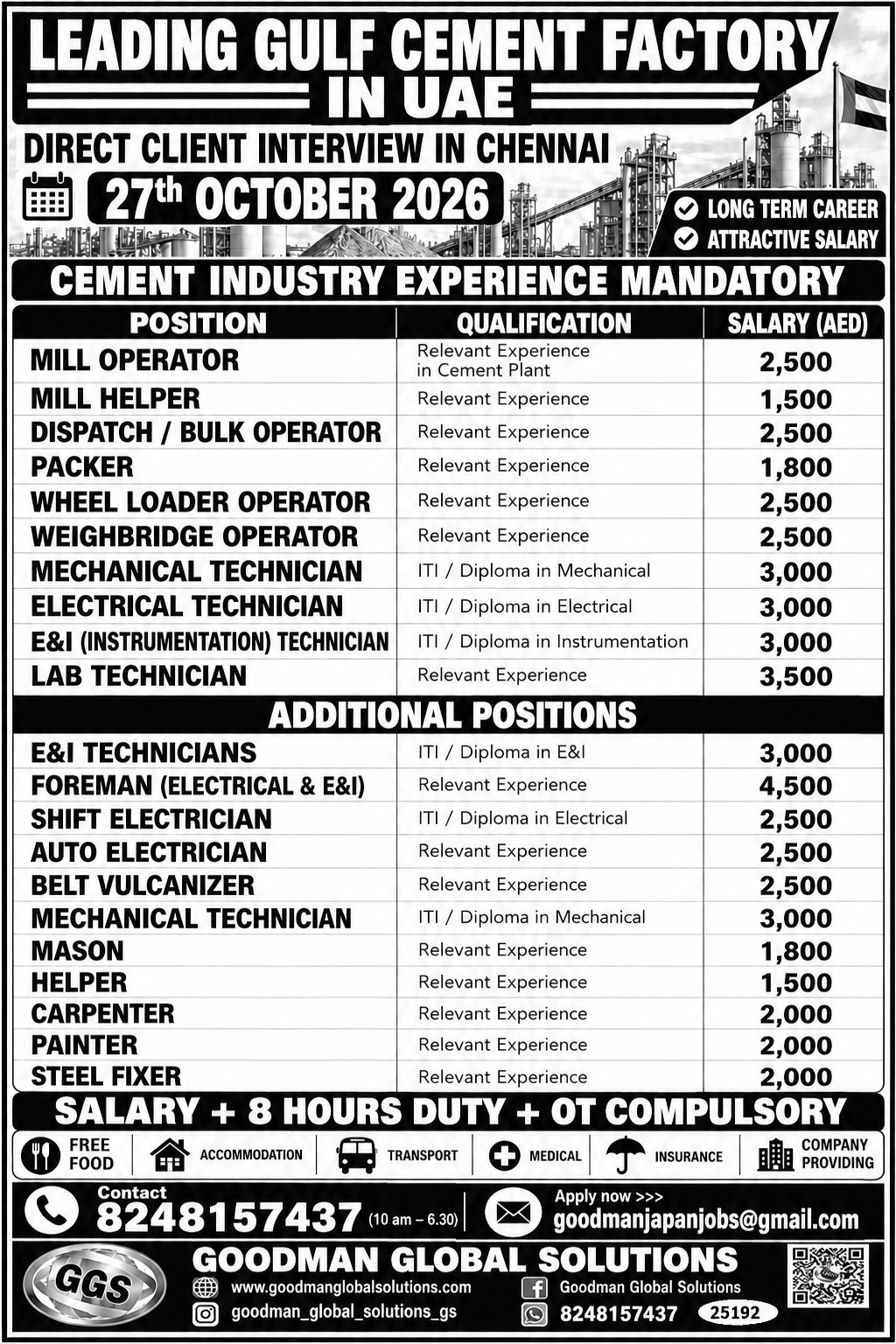 Cement Factory Workers and Technicians (27/10/2026 - Chennai)