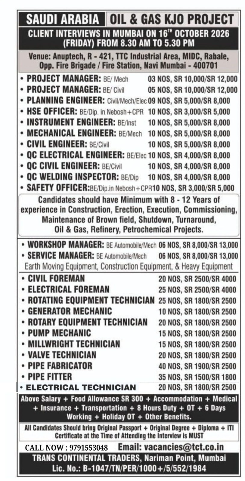 Saudi Arabia Oil & Gas KJO Project Client Interviews In mUmbai 16th October 2026 — Trans Continental Traders, Saudi Arabia, Saudi Arabia