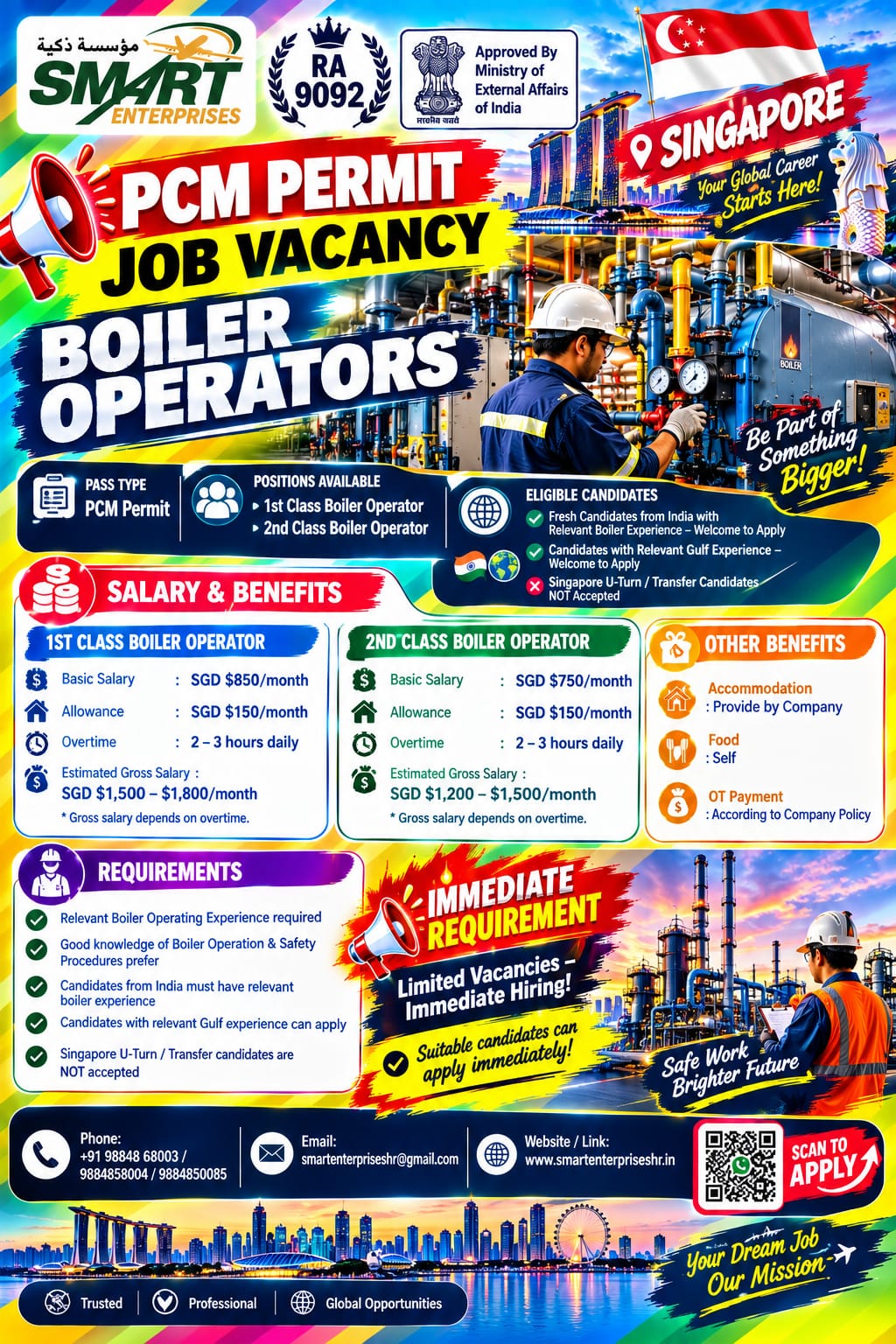 REQUIRE BOILER OPERATOR — smartenterpriseshr@gmail.com, SINGAPORE, SINGAPORE