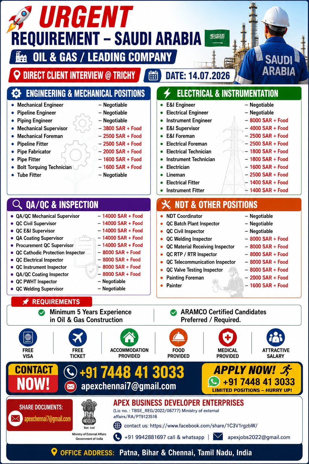 Urgent Requirement – Saudi Arabia Oil & Gas Leading Company — Apex Business Developer Enterp, Saudi Arabia