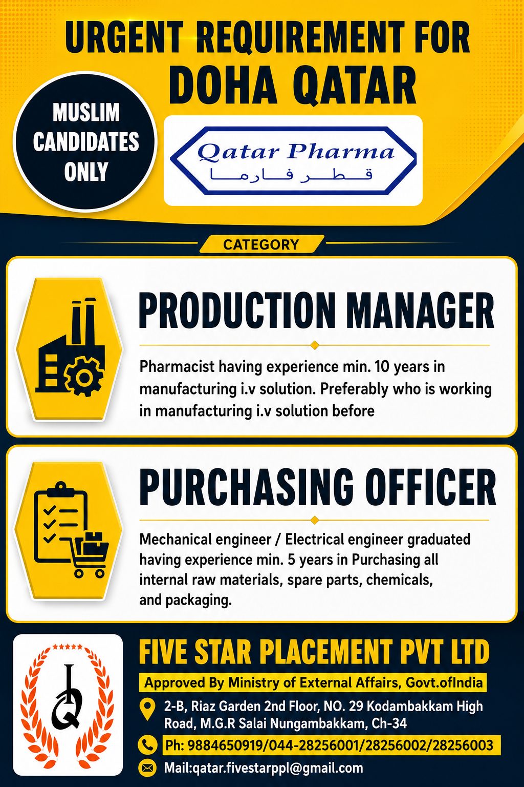 QATAR PHARMA - ONLINE INTERVIEW — Five Star Placement Pvt Ltd, DOHA QATAR, DOHA QATAR