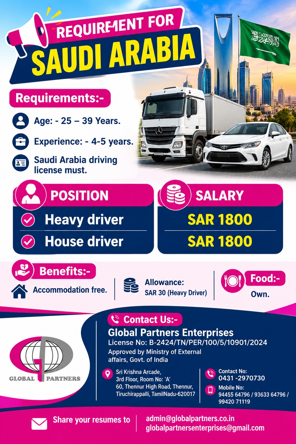 Driver Requirement for Saudi Arabia