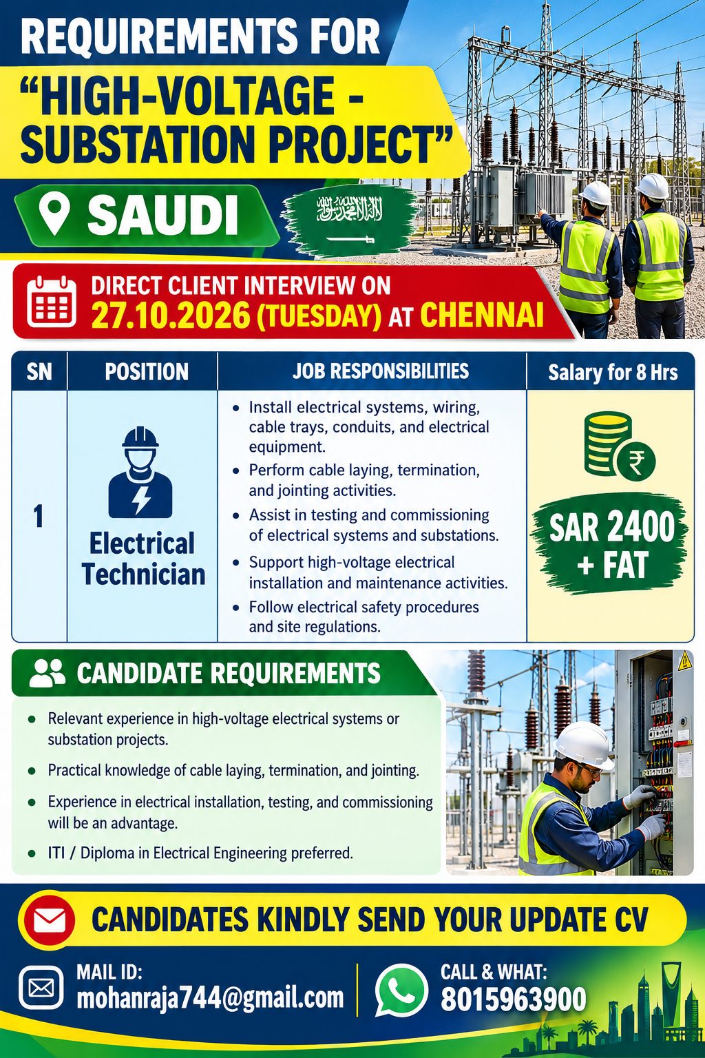 REQUIREMENTS FOR "AL OJAMI” - SUBSTATION PROJECT – SAUDI     DIRECT CLIENT INTERVIEW ON 27.10.2026 (TUESDAY) AT CHENNAI — JUPITER CONSULTANCY, Saudi Arabia