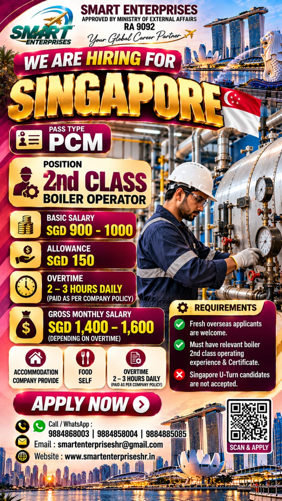 2ND CLASS BOILER OPERATOR SINGAPORE — smartenterpriseshr@gmail.com, SINGAPORE