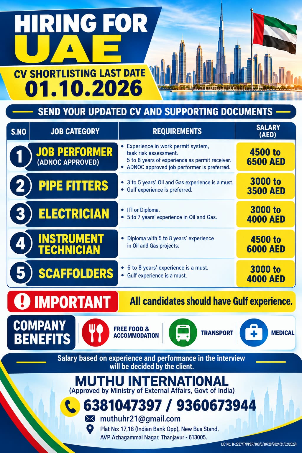 Hiring for UAE - Multiple Positions# — MUTHU INTERNATIONAL, UAE