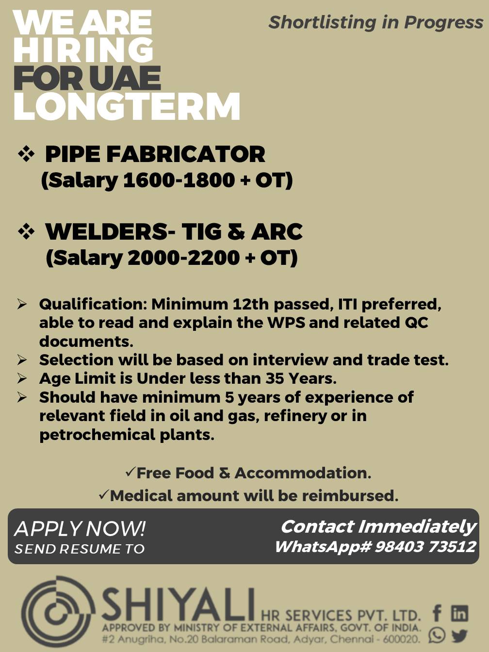 Pipe Fabricator & Welders - TIG & ARC — SHIYALI HR SERVICES, UAE, UAE