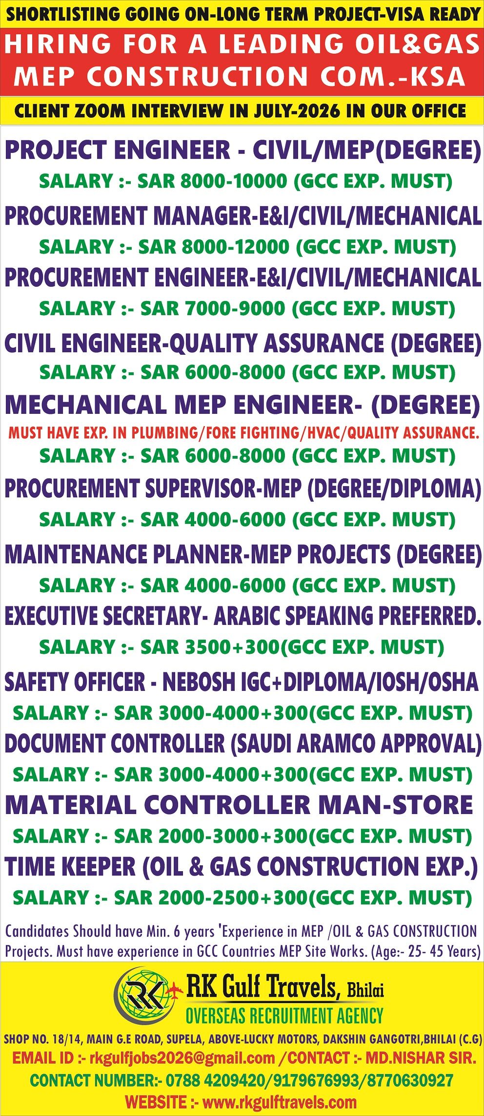 HIRING FOR A LEADING OIL&GAS/MEP CONSTRUCTION COMPANY – SAUDI ARABIA. — RK GULF TRAVELS,BHILAI, SAUDI ARABIA, SAUDI ARABIA