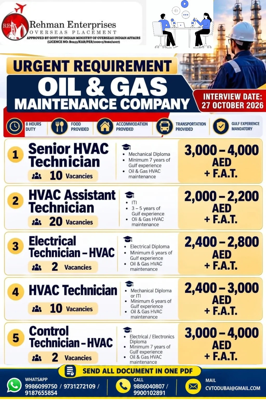 Oil & Gas Maintenance Company - Multiple HVAC Positions — Rehman Enterprises, United Arab Emirates