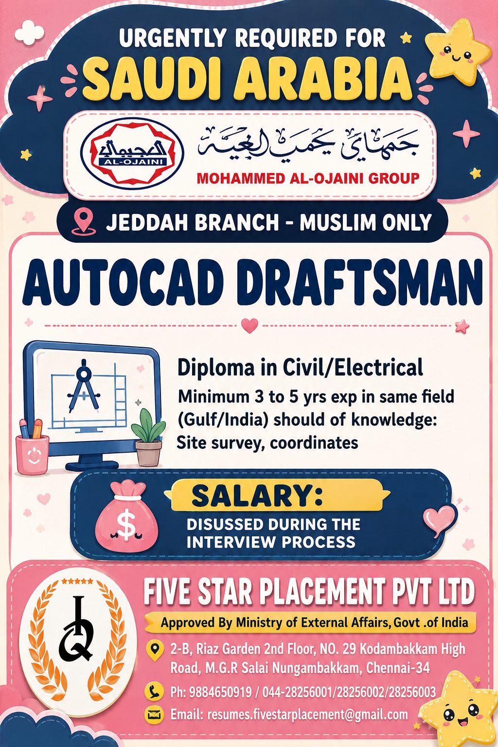URGENTLY REQUIRED FOR SAUDI ARABIA -MUSLIM ONLY — Five Star Placement Pvt Ltd, SAUDI ARABIA, SAUDI ARABIA