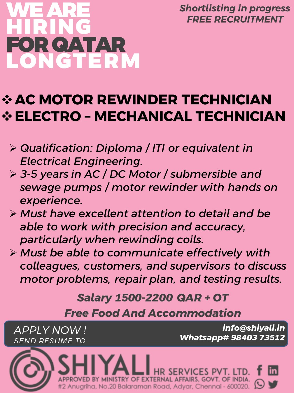 AC Motor Rewinder Technician / Electro-Mechanical Technician — SHIYALI HR SERVICES, Qatar