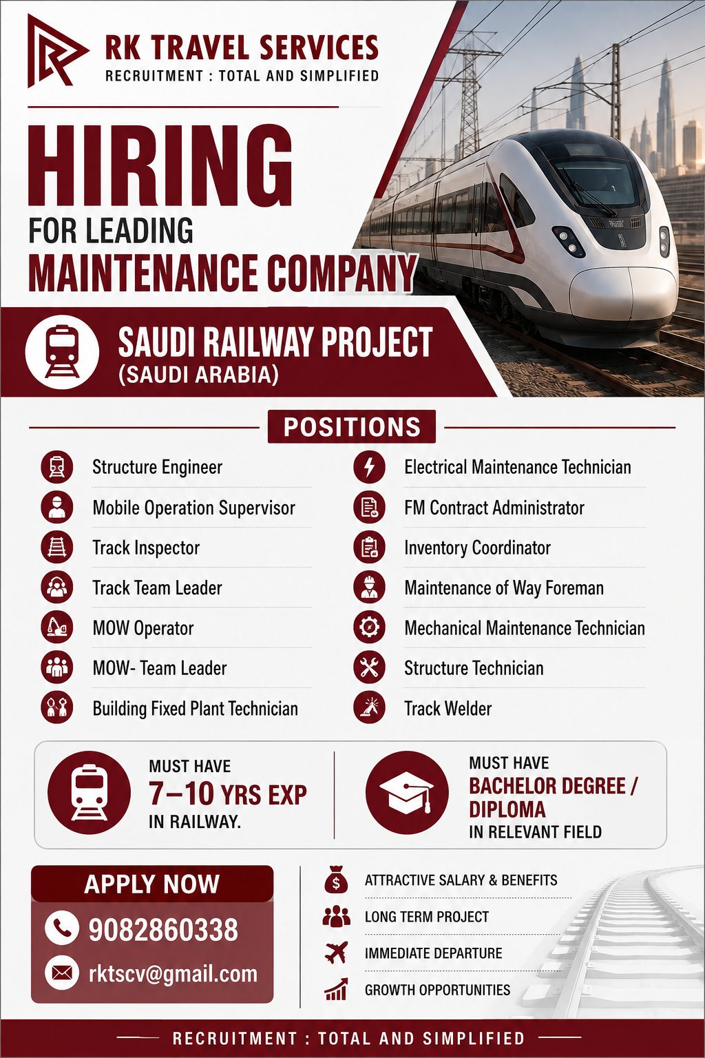 HIRING FOR LEADING MAINTENANCE COMPANY - SAUDI RAILWAY PROJECT (Saudi Arabia) — RK Travel Services, Saudi Arabia, Saudi Arabia