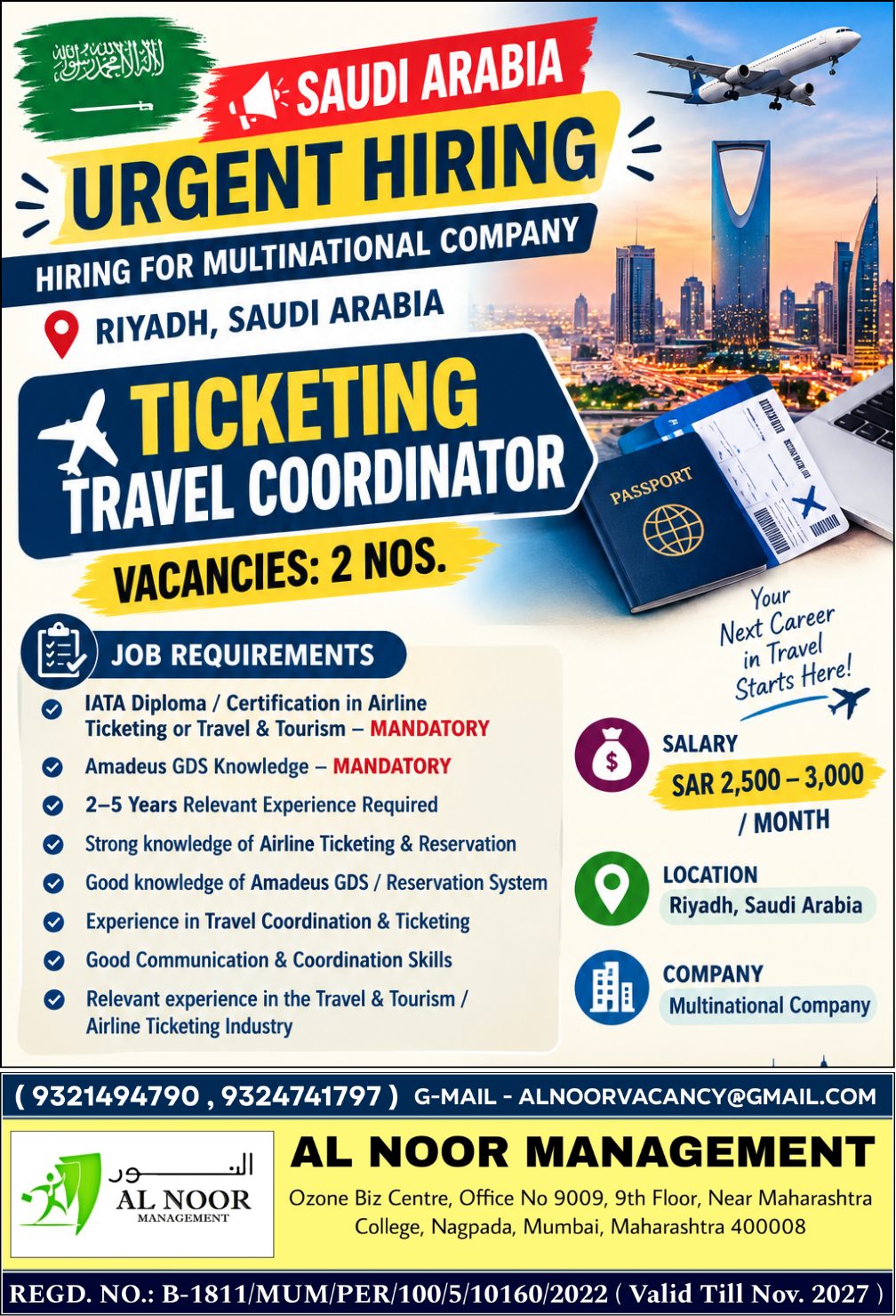**URGENT HIRING – SAUDI ARABIA** ✈️ — AL NOOR MANAGEMENT, SAUDI ARABIA, SAUDI ARABIA