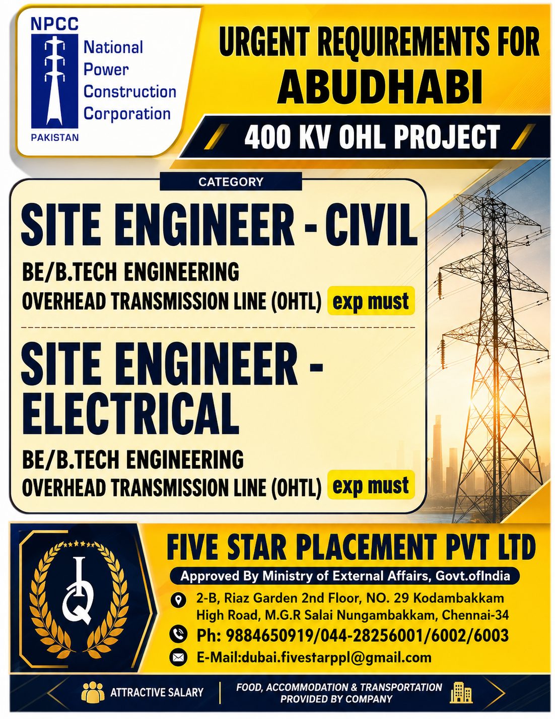400 KV OHL PROJECT -URGENT REQUIREMENTS FOR ABUDHABI — Five Star Placement Pvt Ltd, UAE, UAE