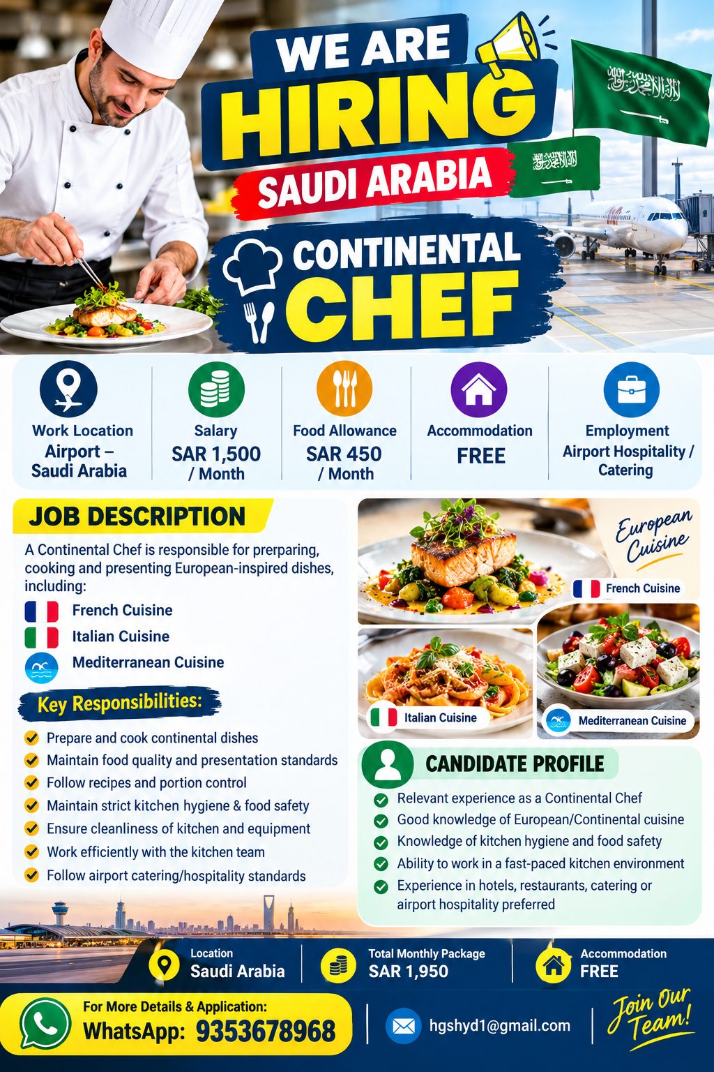 HIRING CONTINENTAL CHEF FOR SAUDI ARABIA AIRPORT