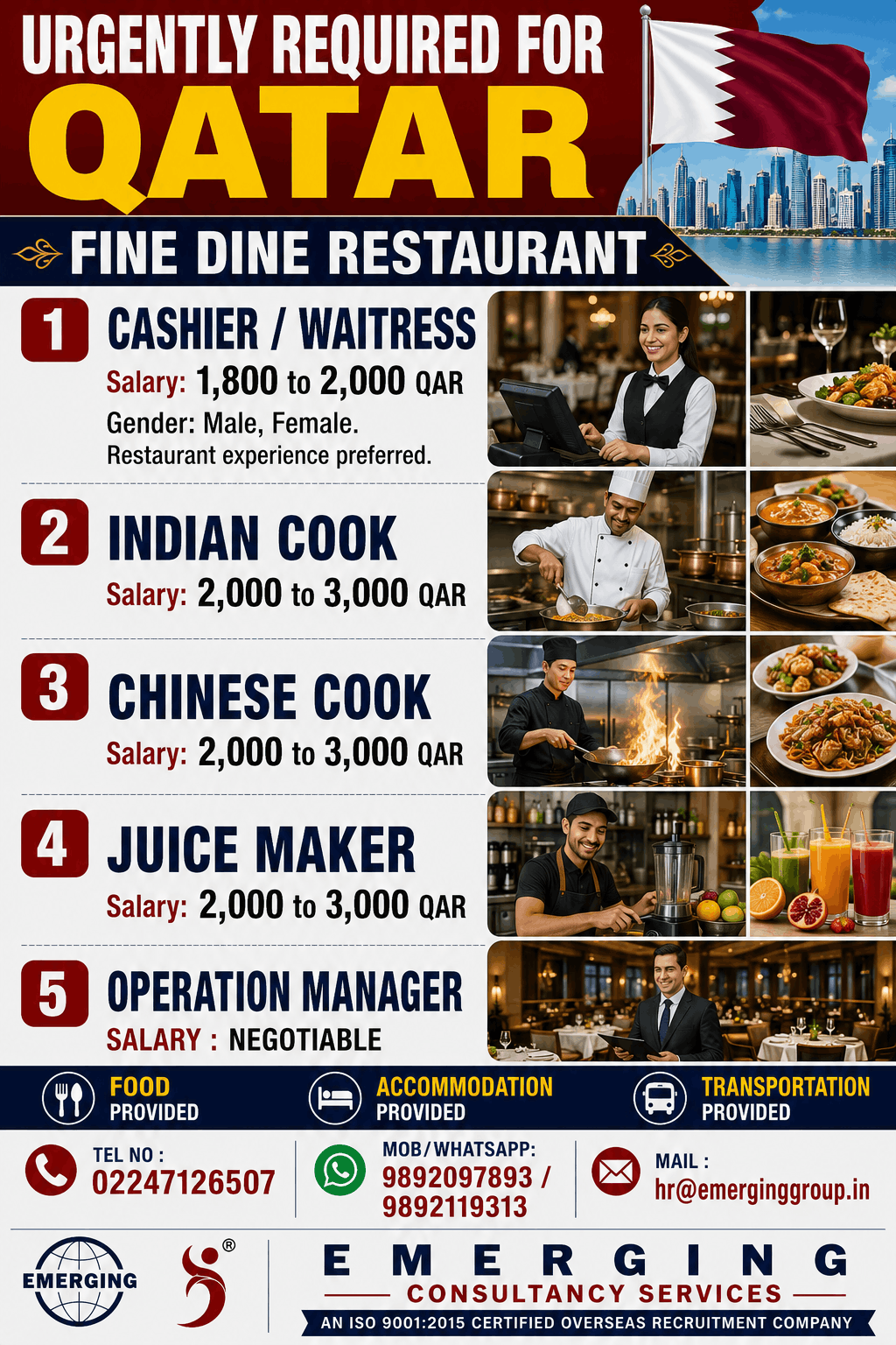 Urgent Hiring for Qatar – Cashier/Waitress, Indian Cook, Chinese Cook, Juice Maker, Operation Manager (Fine Dine Restaurant)