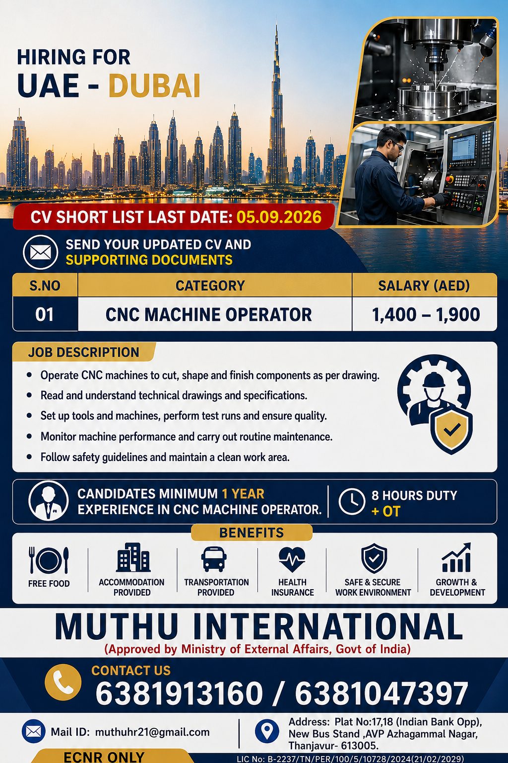 CNC Machine Operator..... — MUTHU INTERNATIONAL, UAE - Dubai