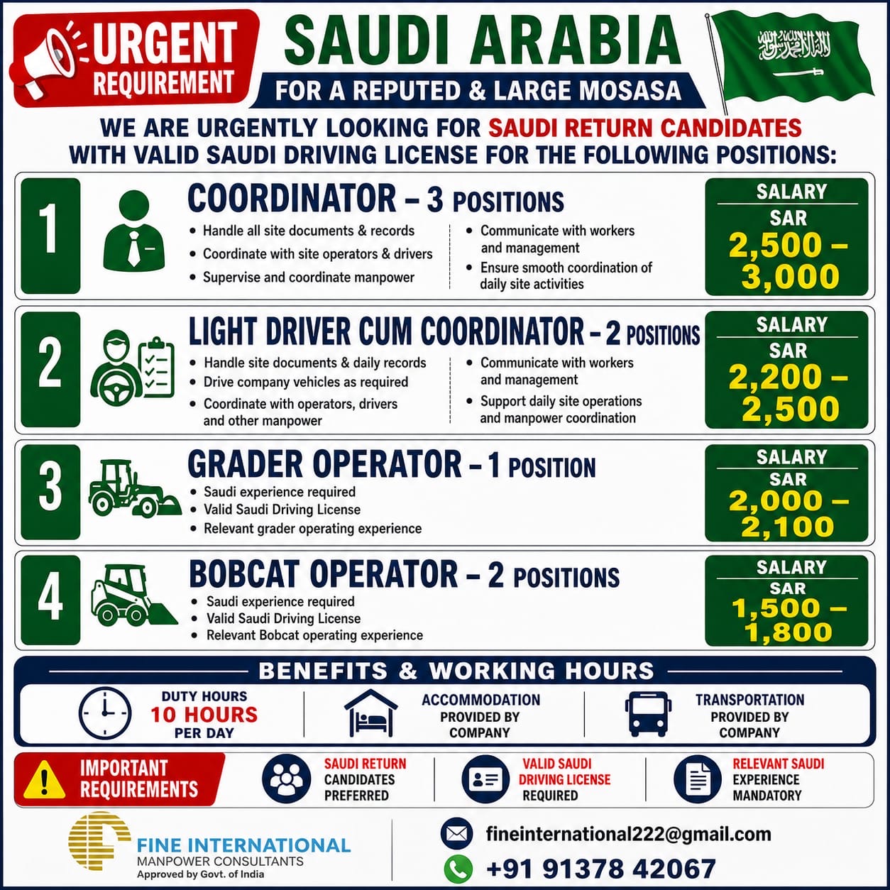 Urgent Requirement for a Reputed & Large Mosassa — FINE INTERNATIONAL MANPOWER, Saudi Arabia, Saudi Arabia