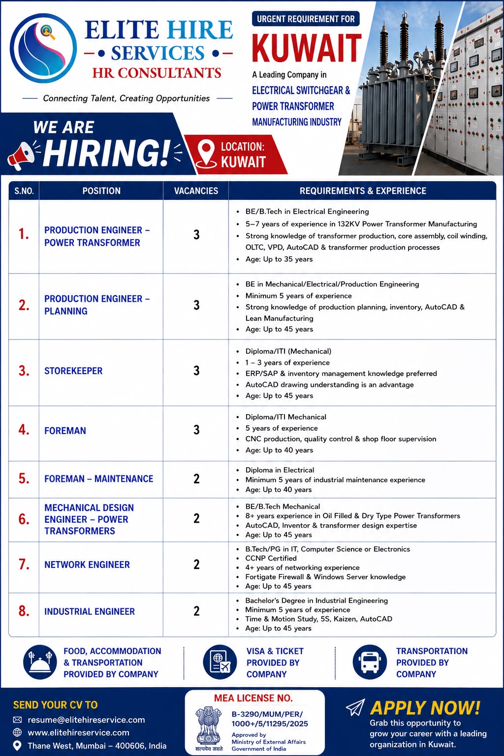 Urgent Requirement for Kuwait - Electrical Switchgear & Power Transformer Manufacturing — Elite Hire Services, Kuwait, Kuwait